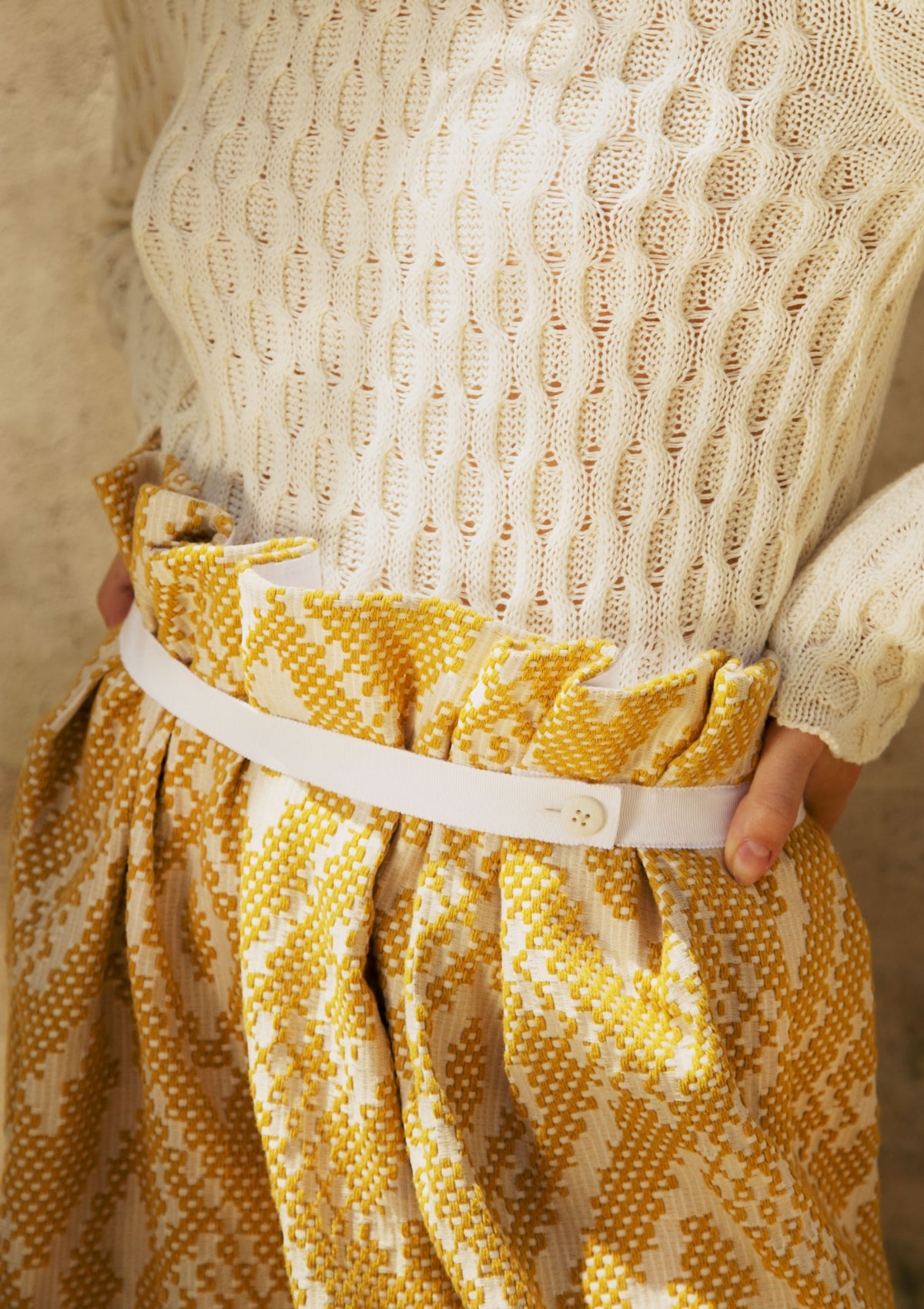 Mustard jacquard paper bag skirt with gathered-waist style