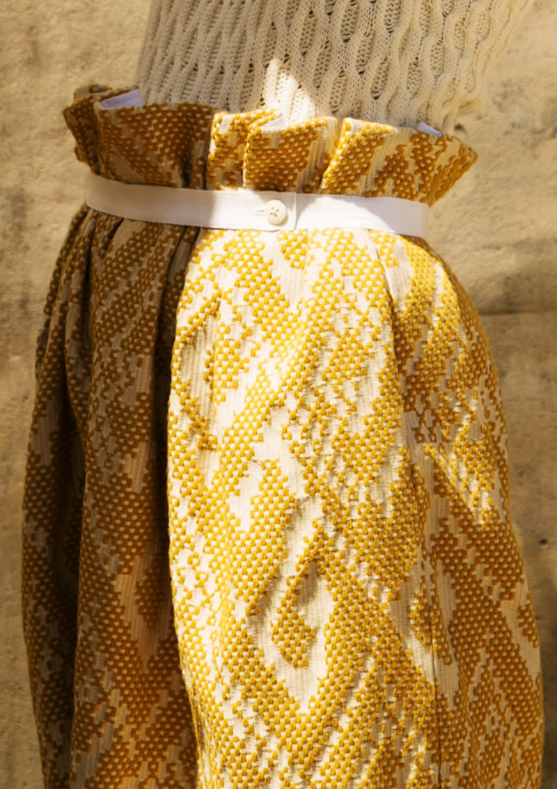 Mustard jacquard paper bag skirt with gathered-waist style