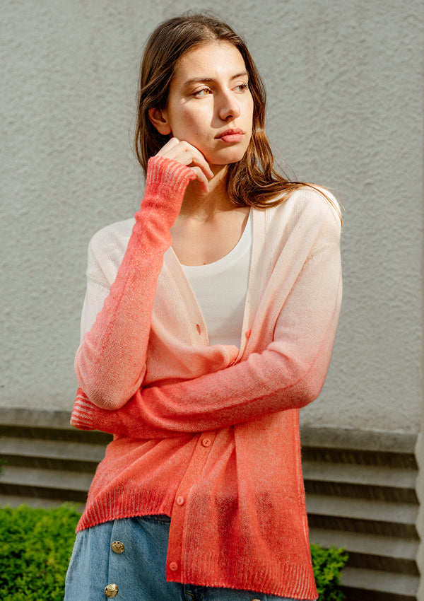 Dip dyed coral cashmere cardigan